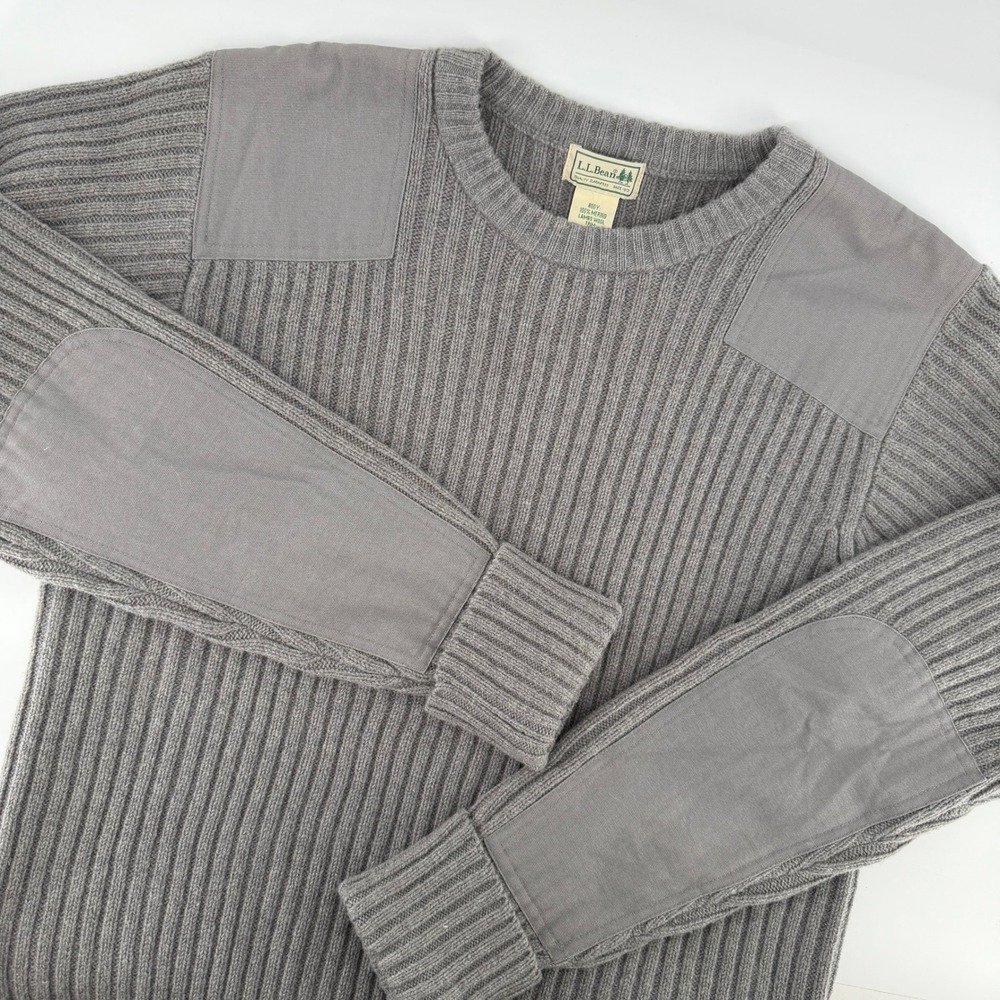 LL Bean Commando Sweater Mens L Gray Merino Lambswool Ribbed Elbow Patch Winter